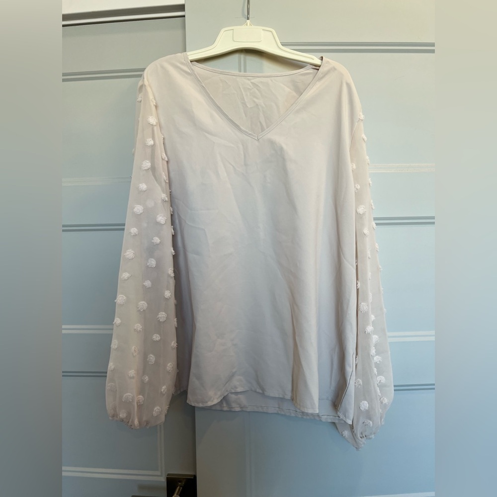 SHEIN White V-Neck Blouse with Textured Sleeves